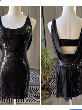 Marciano Sequin Open Draped Back Silk Mini Dress Black